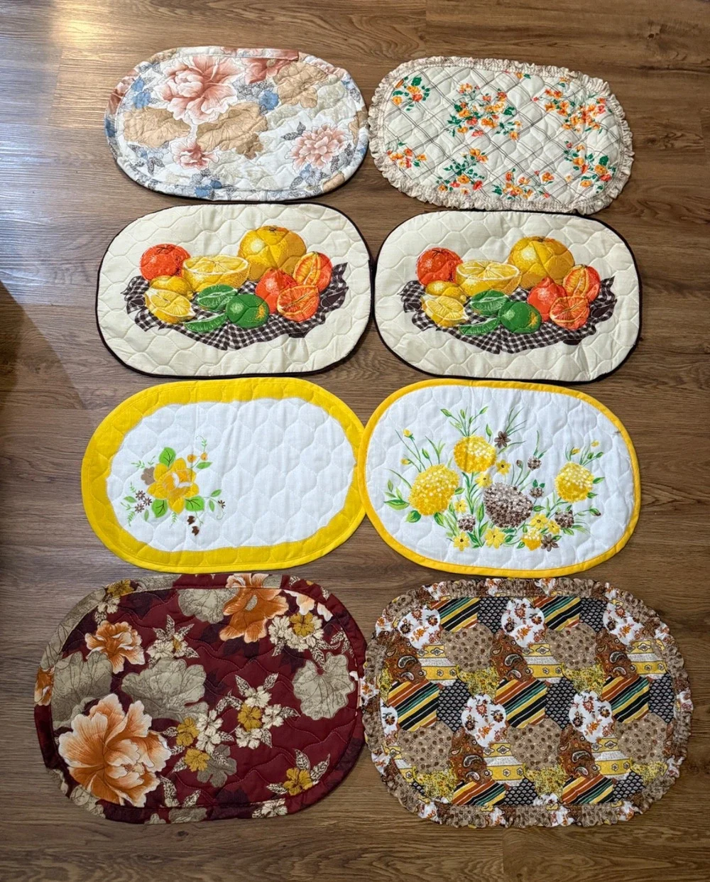 Vintage Handmade Quilted Placemats Lot of 6 Floral Fruit 19x13